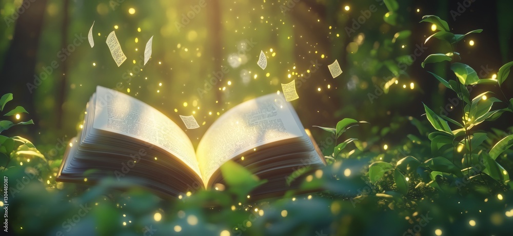 Aufkleber magical open book surrounded by glowing pages in enchanting forest setting, copy space for text