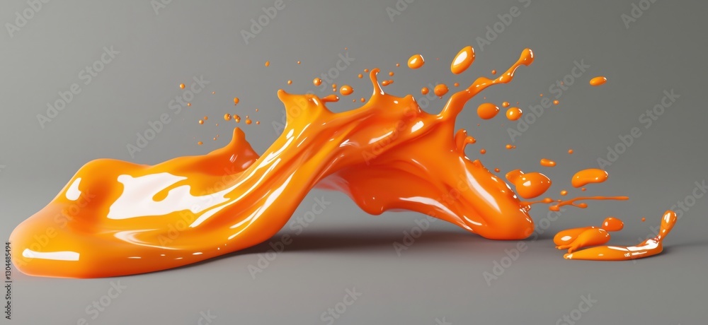 Poster dynamic orange paint splash with droplets on gray background for creative design, copy space for tex