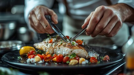 Expert chef preparing grilled fish with fresh ingredients in cozy restaurant kitchen