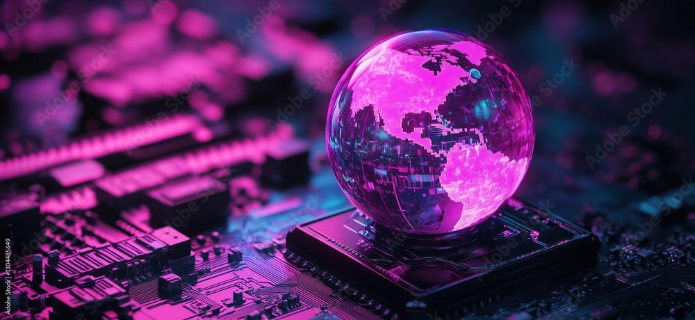 Poster digital globe on circuit board representing technology and global connectivity, copy space for text