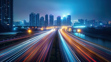 Obraz premium Vibrant cityscape at night with illuminated skyscrapers and dynamic light trails
