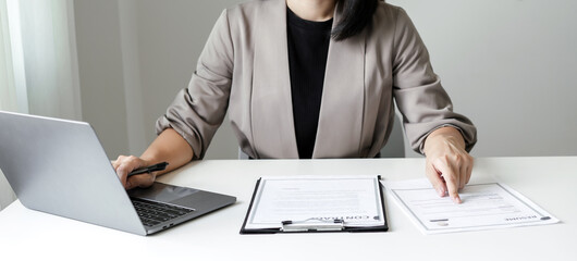 Business woman employer holding resume hiring recruit looking cv resume to hire candidates,...