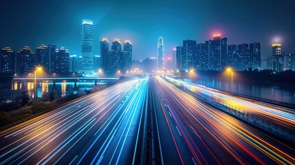 Obraz premium Vibrant cityscape at night with light trails and illuminated skyscrapers