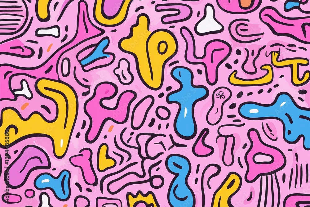 Poster colorful abstract pattern with various shapes and bold typography in a comic style design