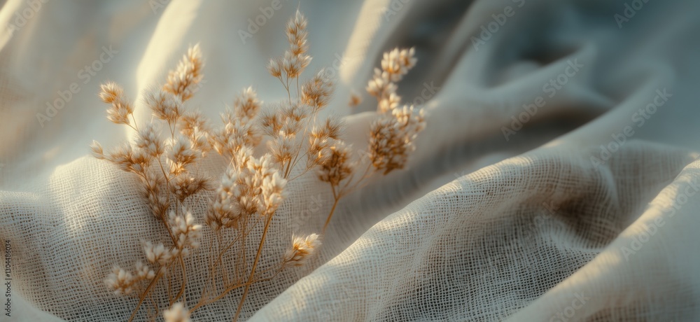 Poster delicate dried flowers on soft textured fabric creating a serene and elegant composition, copy space