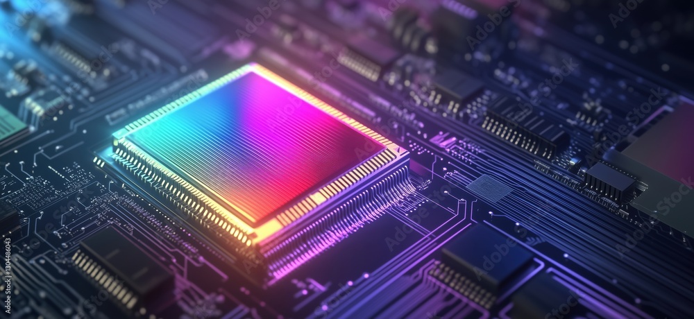 Poster colorful microchip on circuit board showcasing advanced technology and design, copy space for text
