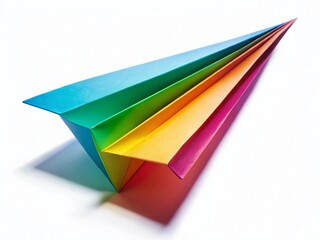 Colorful Paper Airplane Soaring Against a White Background - Stock Photo