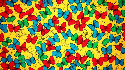 Vibrant butterfly swarm on yellow background, playful insect pattern