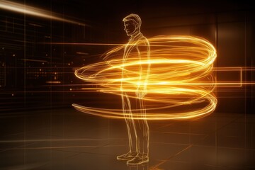 Man in suit with light painting and comic book energy effects in creative concept art illustration