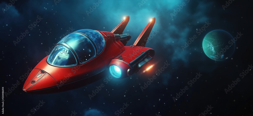 Poster futuristic red spaceship traveling through space with distant planet in background, copy space for t
