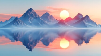 Serene snowcapped mountains dramatically reflect soft sunset light in calm water. AI Generated
