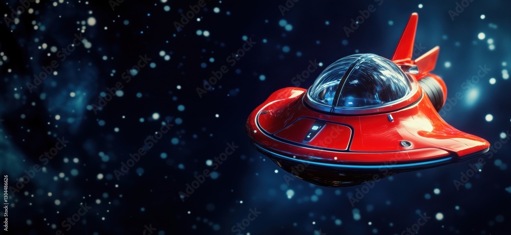 Poster futuristic red spaceship soaring through starry space with glowing particles, copy space for text