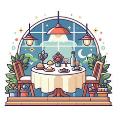 A table and two stools  a flower vase  Plants, a bottle, and a cup on a shelf