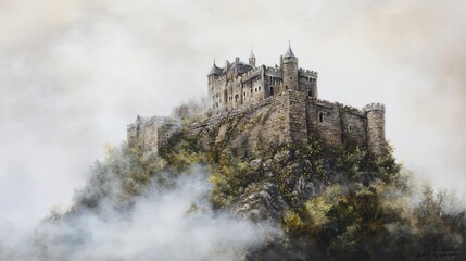 Majestic castle perched atop a misty mountain.