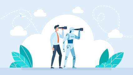 Searching for information online, AI support. Working artificial intelligence. Business man and robot using binoculars. Businessman and robot analyst use telescope. AI cooperation. Vector illustration