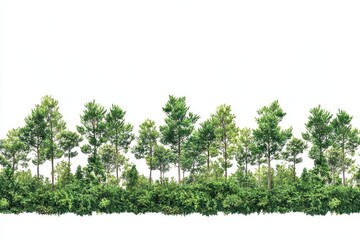 Lush Green Trees and Shrubs Against a Bright White Background