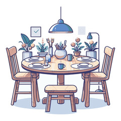 An illustration of animated drawings of a table, a tulipane jar, and a maceta plant