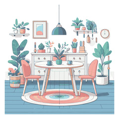 Interior of the dining room  Dining table and chairs made of wood, restaurant kitchen, house, family dinner, home scene, living furnishings, and a clean, cartoon graphic
