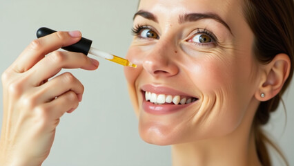 Obraz premium woman applies face serum dropper radiant glowing skin