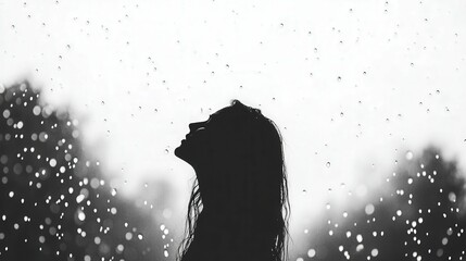 Silhouette of young caucasian female in rain with water droplets and nature background