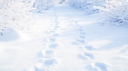 Fototapeta premium Snow-covered path with footprints amidst frosted winter landscape