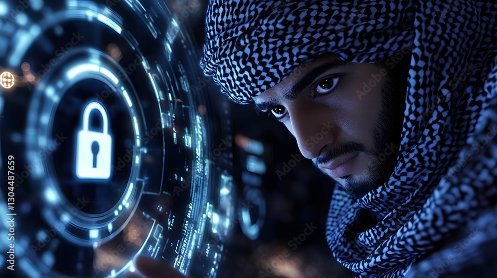 Poster young man in traditional attire interacting with a digital lock interface in a futuristic setting