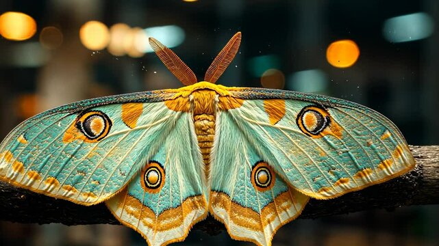 Magnificent moth resting on branch, bokeh background