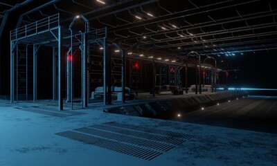 Military base science fiction roof dome concept in dark scene 3d rendering wallpaper background