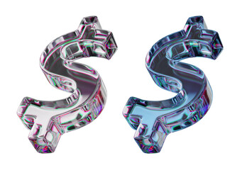 Dollar letter symbol made of dispersion chromatic glass isolated on transparent background. 3d render illustration