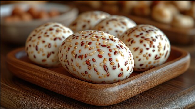 Decorated eggs on wooden plate, food styling, assorted nuts in background