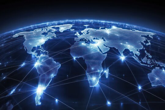 A visualization of the world connected by a digital network, symbolizing the change in communication systems and the impact of digital transformation.