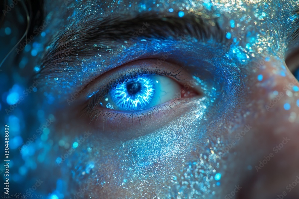 Poster captivating close-up of an eye adorned with shimmering blue light and sparkles