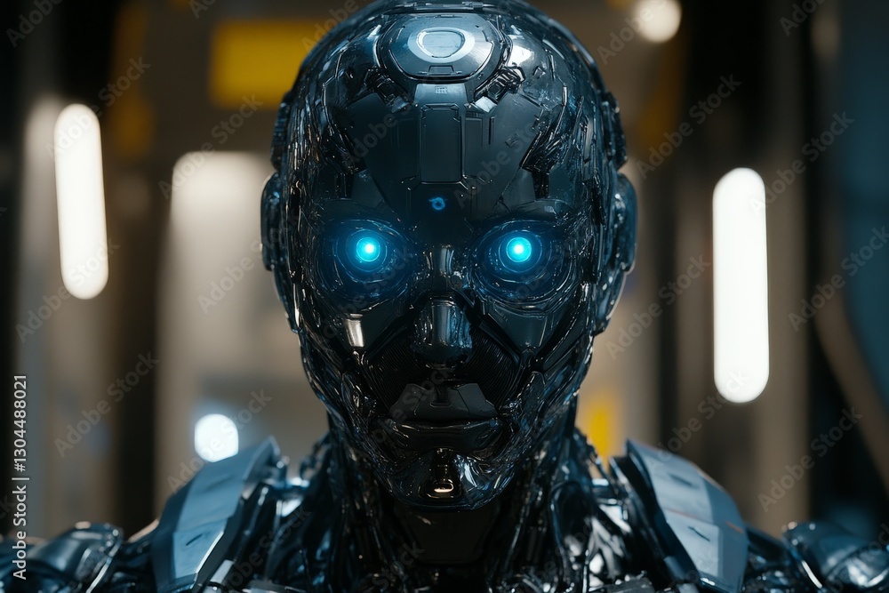 Aufkleber Advanced robotic humanoid with glowing blue eyes in a high-tech environment
