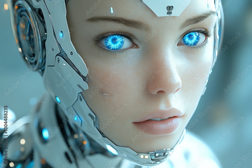 Poster humanoid robot with glowing blue eyes in futuristic setting displays advanced technology and design
