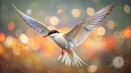 Obraz premium Common Tern Bird in Flight, Soft Bokeh Background, Wildlife Photography