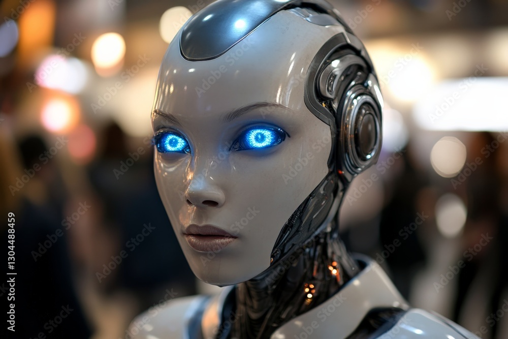 Leinwandbilder futuristic android with glowing blue eyes showcases advanced robotics technology in a busy exhibitio