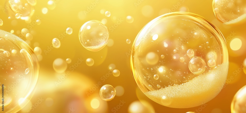 Poster golden bubbles floating in a luminous background with soft light reflections