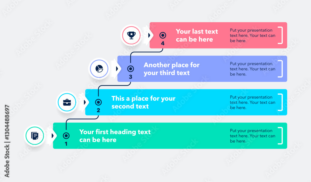 Poster Stair steps diagram with four stages with numbers and minimalistic icons. Can be used for your website or presentation.