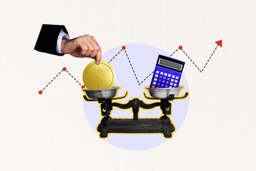 Contemporary art collage of hand hold dollar coin money income scales weight comparison calculator...