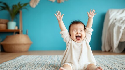 happy asian baby sitting in living room, happy childhood concept, copy space. kid portrait