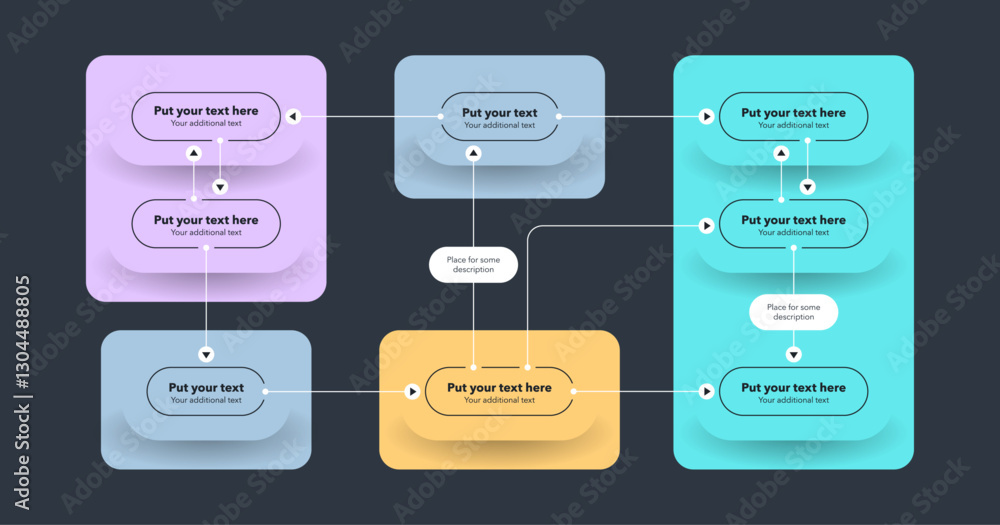 Aufkleber Process flow diagram template with four sections - dark version. Simple infographic template for project data visualization.