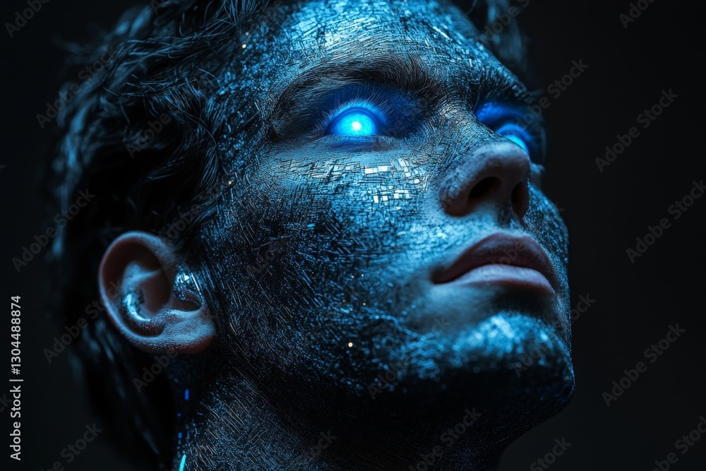 Aufkleber futuristic portrait of a young man with glowing blue eyes and intricate digital patterns on his face