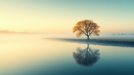 Obraz premium Tranquil landscape with lone tree reflection in misty lake at sunrise
