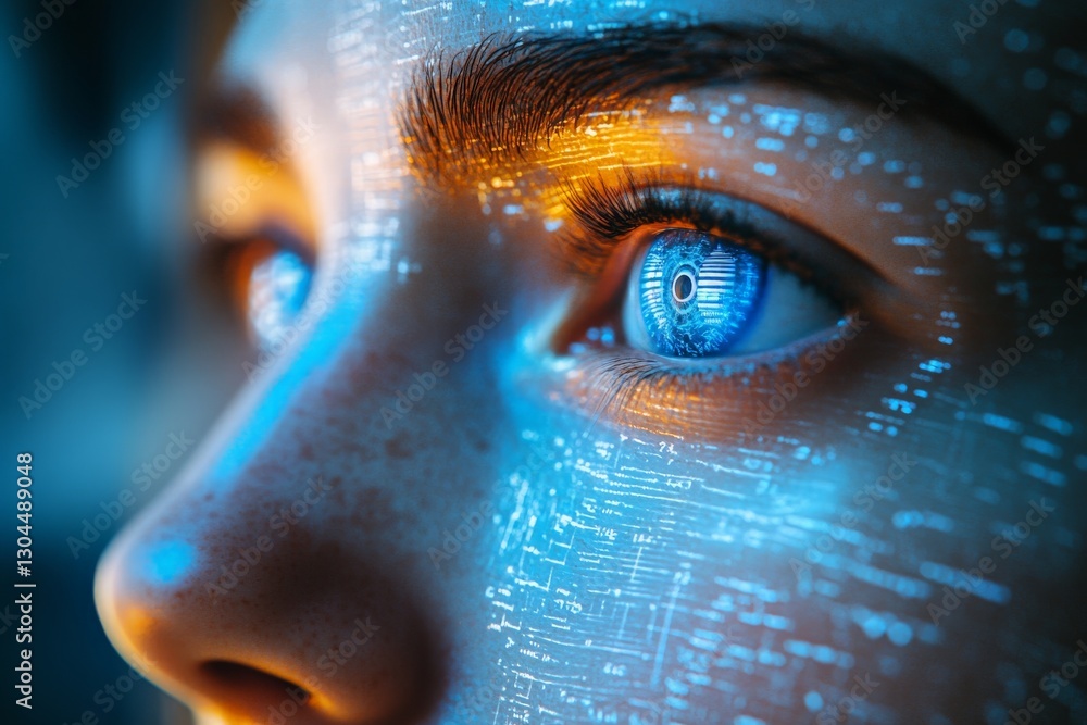 Fototapete captivating close-up of a person's eye illuminated with digital patterns and vibrant blue colors in 