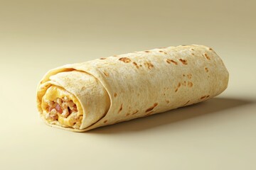 A delicious and appetizing burrito is displayed on a solid background