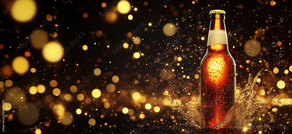 Aufkleber refreshing beer bottle splashing in golden bokeh background with sparkling lights