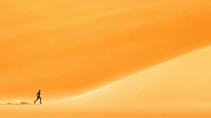 Silhouetted male walking across vast golden desert dune under clear sky