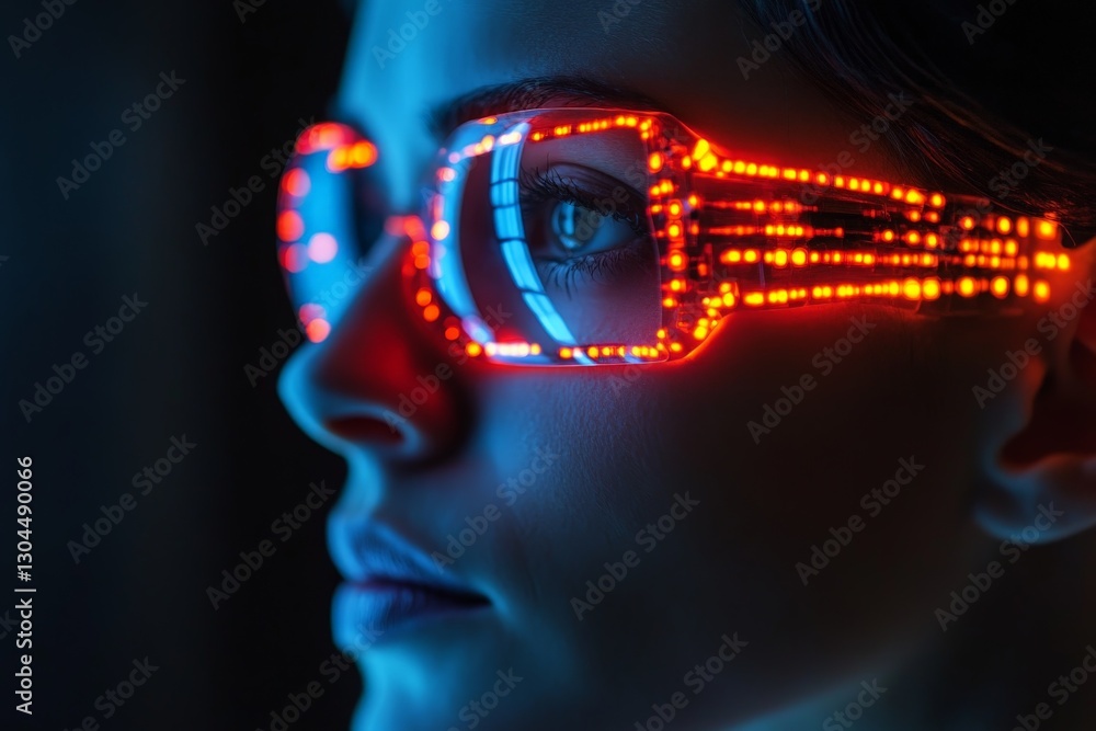 Poster brightly lit glasses create a futuristic look on a model in low light setting