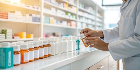 Pharmacist organizes medicine bottles in a bright pharmacy setting for efficient inventory management