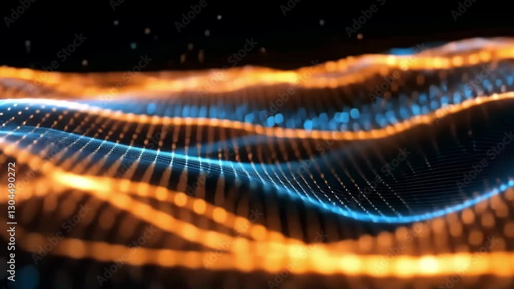 Poster dynamic orange and blue wave grid with glowing dots on a dark digital background